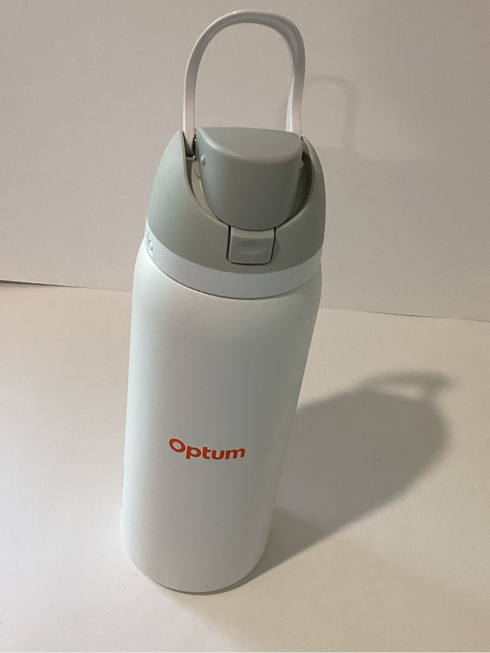 Optum White Insulated Water Bottle with Light Gray Lid and Handle